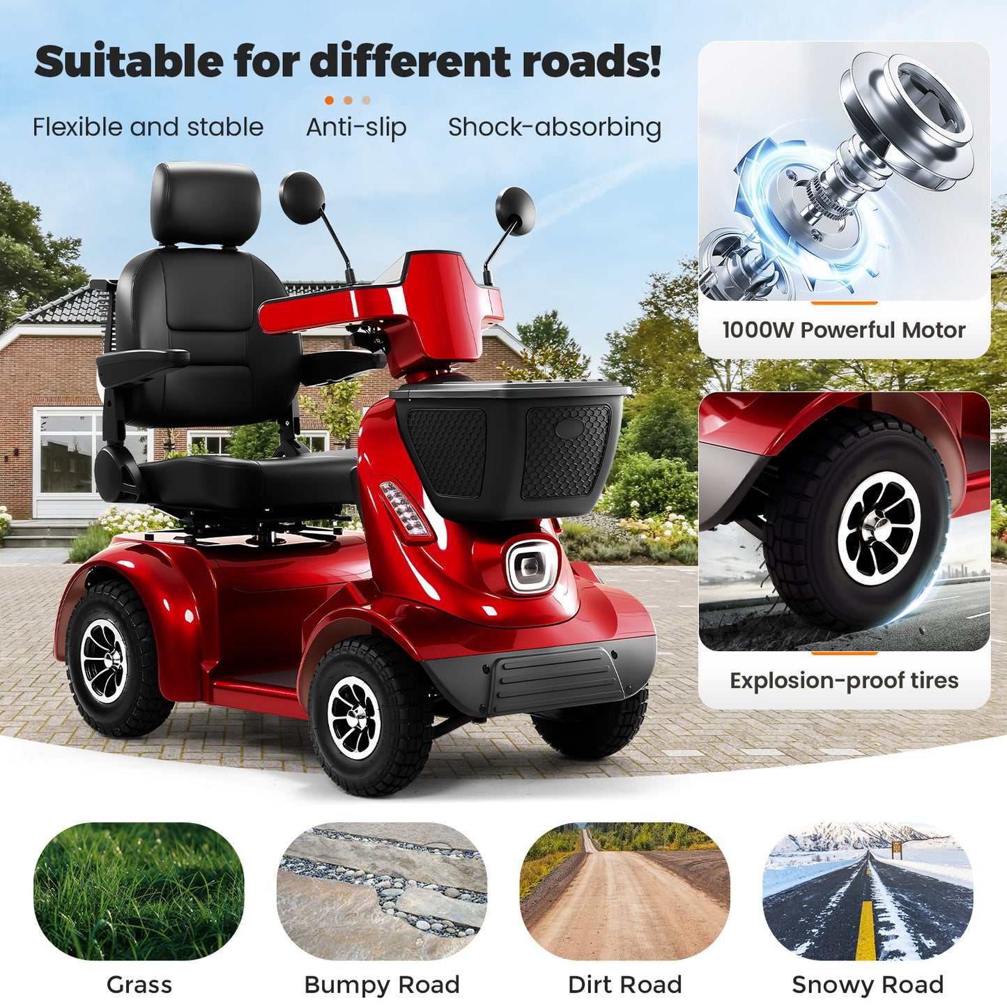 THLAND Heavy Duty 4 Wheel Mobility Scooter for Seniors & Adults, 500 lbs Capacity, Electric Powered Chair with 1000W Motor, All-Terrain Fast Travel, 30 Miles Long Range Battery, Bluetooth Speaker
