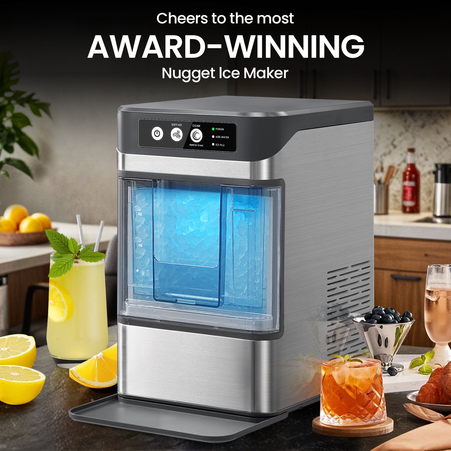 THLAND Nugget Ice Maker Countertop with Handle,Chewable Crunchable Countertop Nugget Ice Maker,41Lbs/24H, Self-Cleaning, One-Click Operation, Stainless Steel,Ideal for Parties, Kitchens, Bars(Silver)