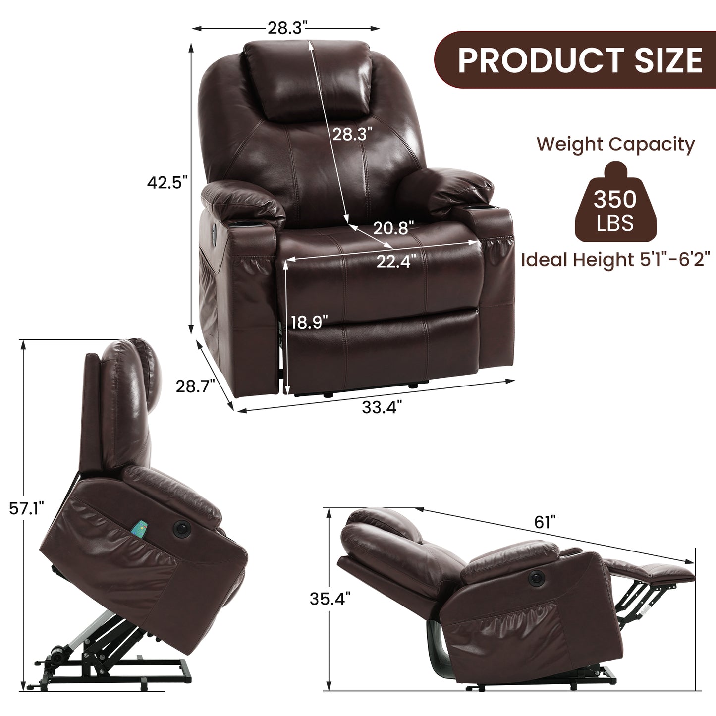 Genuine Leather Electric Lift Chair for the Elderly with Unlimited Positioning with Massage and Heating Functions, Electric Lift Chair with Wide Cup Holder, USB Port and Remote Control