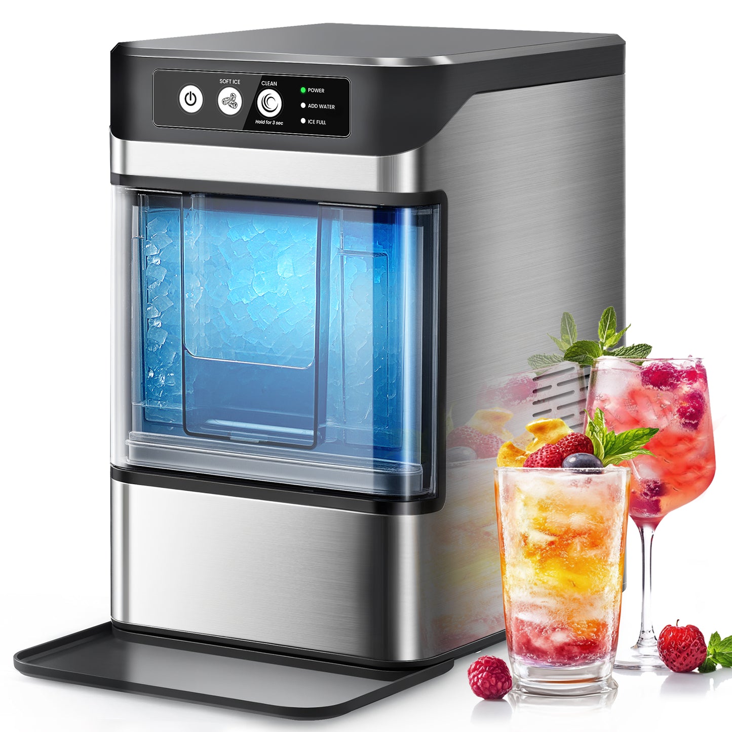 THLAND Nugget Ice Maker Countertop with Handle,Chewable Crunchable Countertop Nugget Ice Maker,41Lbs/24H, Self-Cleaning, One-Click Operation, Stainless Steel,Ideal for Parties, Kitchens, Bars(Silver)