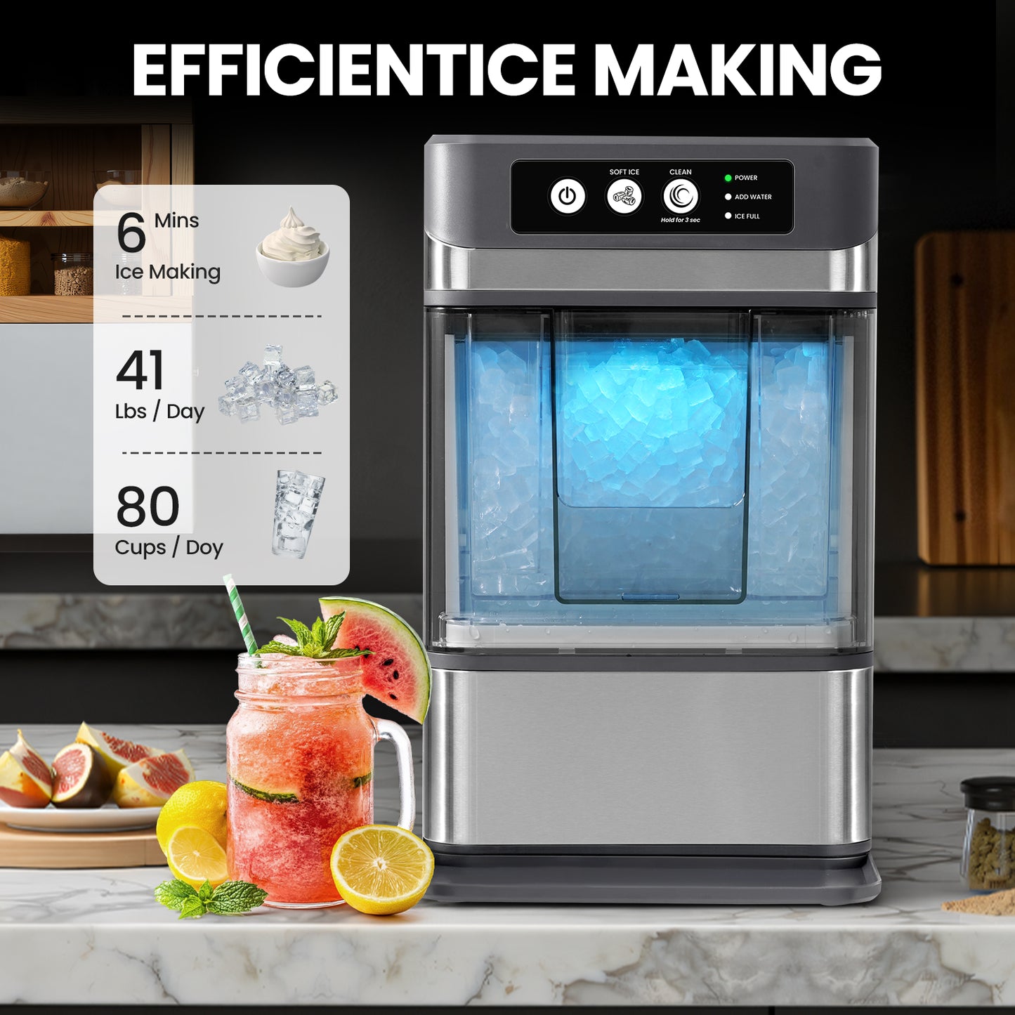 THLAND Nugget Ice Maker Countertop with Handle,Chewable Crunchable Countertop Nugget Ice Maker,41Lbs/24H, Self-Cleaning, One-Click Operation, Stainless Steel,Ideal for Parties, Kitchens, Bars(Silver)