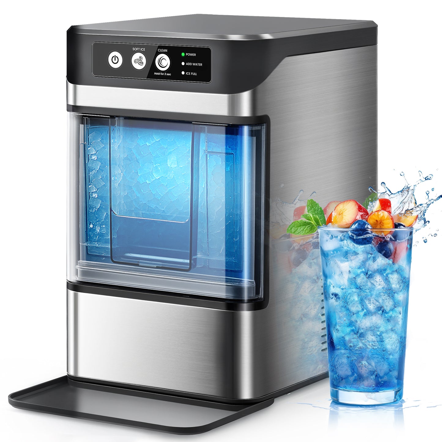 THLAND Nugget Ice Maker Countertop with Handle,Chewable Crunchable Countertop Nugget Ice Maker,41Lbs/24H, Self-Cleaning, One-Click Operation, Stainless Steel,Ideal for Parties, Kitchens, Bars(Silver)