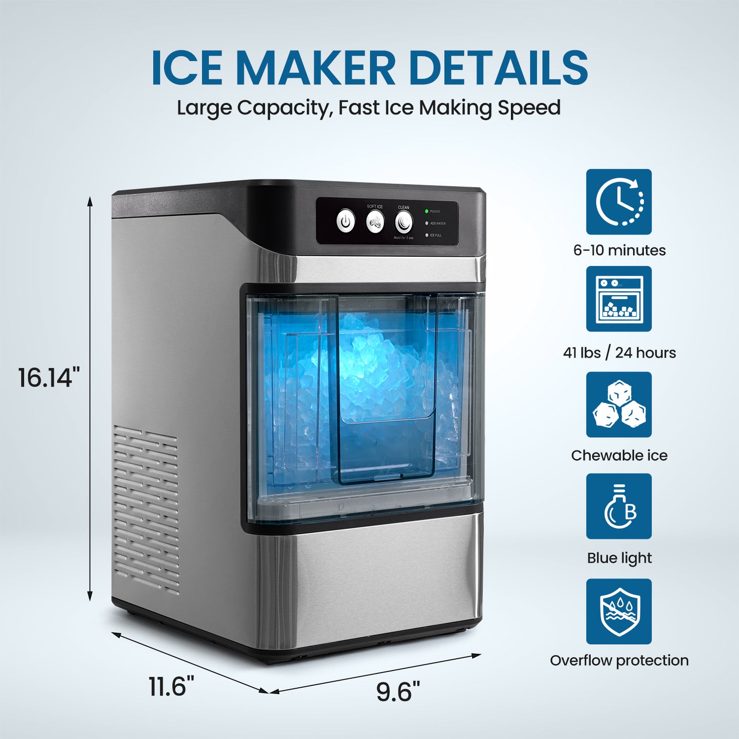 THLAND Nugget Ice Maker Countertop with Handle,Chewable Crunchable Countertop Nugget Ice Maker,41Lbs/24H, Self-Cleaning, One-Click Operation, Stainless Steel,Ideal for Parties, Kitchens, Bars(Silver)