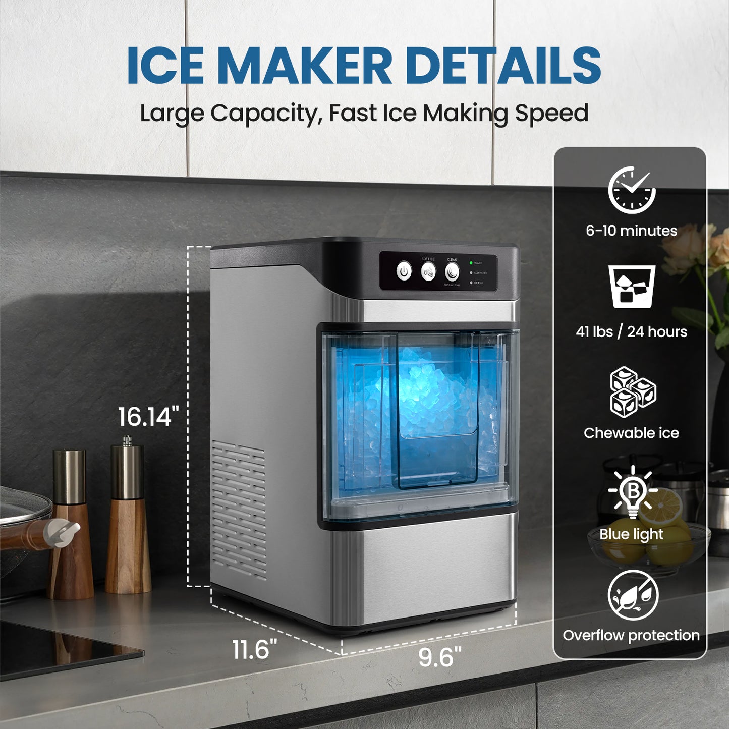 THLAND Nugget Ice Maker Countertop with Handle,Chewable Crunchable Countertop Nugget Ice Maker,41Lbs/24H, Self-Cleaning, One-Click Operation, Stainless Steel,Ideal for Parties, Kitchens, Bars(Silver)