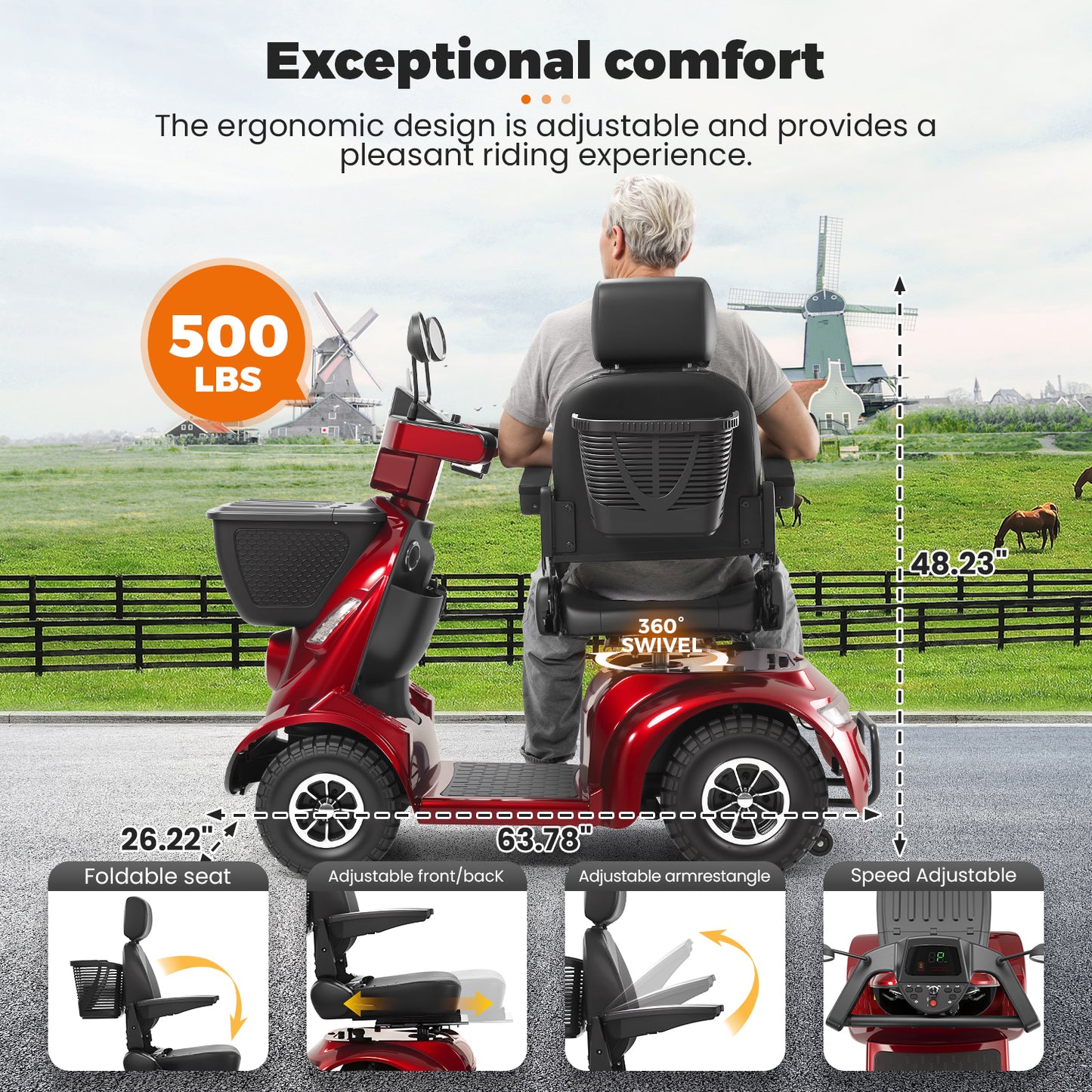 THLAND Heavy Duty 4 Wheel Mobility Scooter for Seniors & Adults, 500 lbs Capacity, Electric Powered Chair with 1000W Motor, All-Terrain Fast Travel, 30 Miles Long Range Battery, Bluetooth Speaker