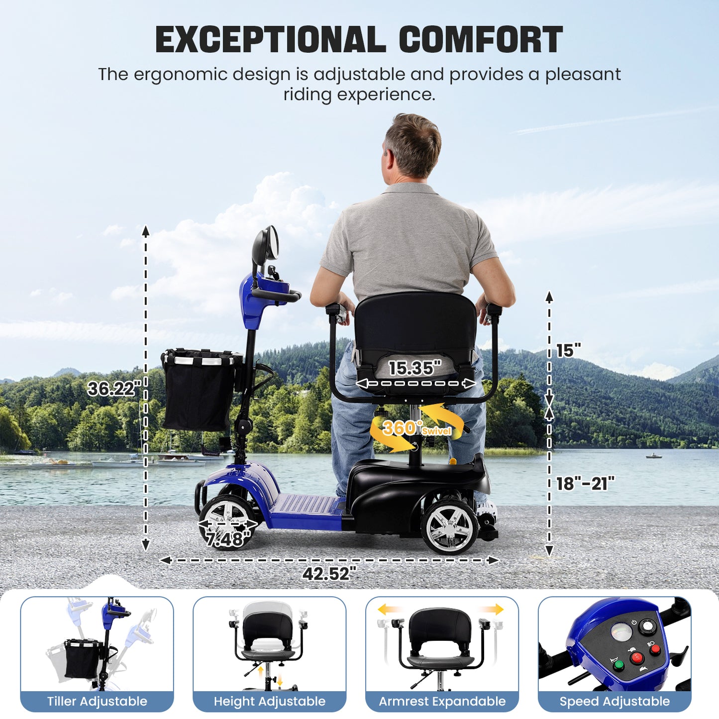 THLAND 30 Miles Long Range 4 Wheel Electric Mobility Scooter with 350W Motor - Foldable Mobility Scooter for Adults/Seniors - Compact Heavy Duty Mobility for Travel, 300 lb Capacity