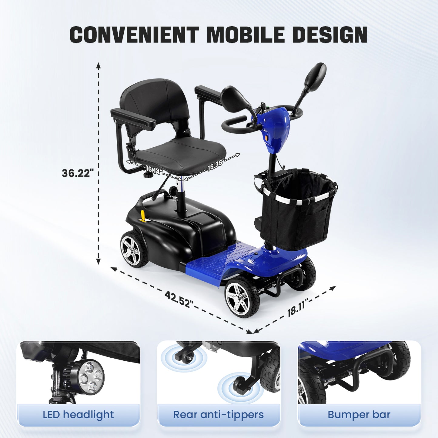 THLAND 30 Miles Long Range 4 Wheel Electric Mobility Scooter with 350W Motor - Foldable Mobility Scooter for Adults/Seniors - Compact Heavy Duty Mobility for Travel, 300 lb Capacity
