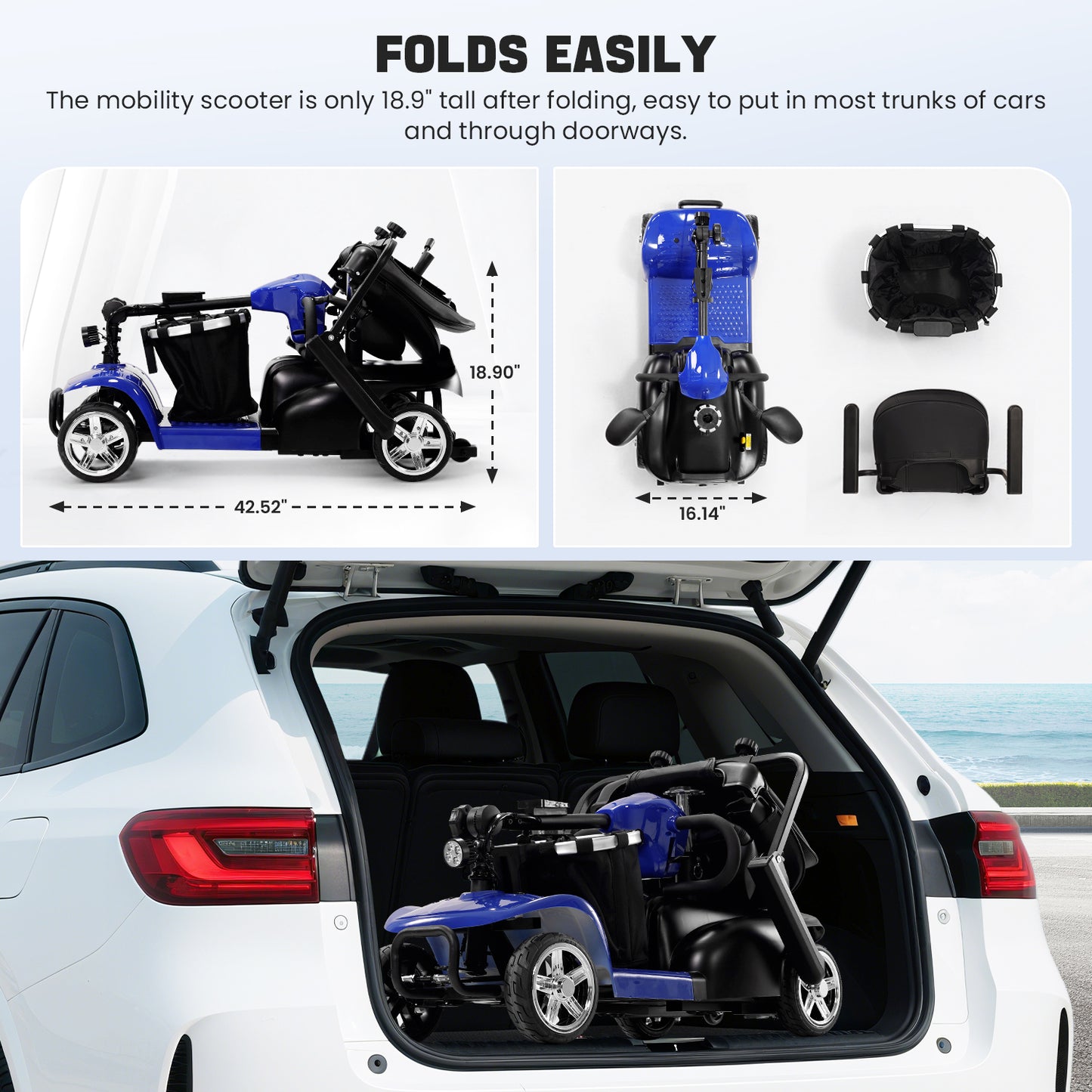 THLAND 30 Miles Long Range 4 Wheel Electric Mobility Scooter with 350W Motor - Foldable Mobility Scooter for Adults/Seniors - Compact Heavy Duty Mobility for Travel, 300 lb Capacity