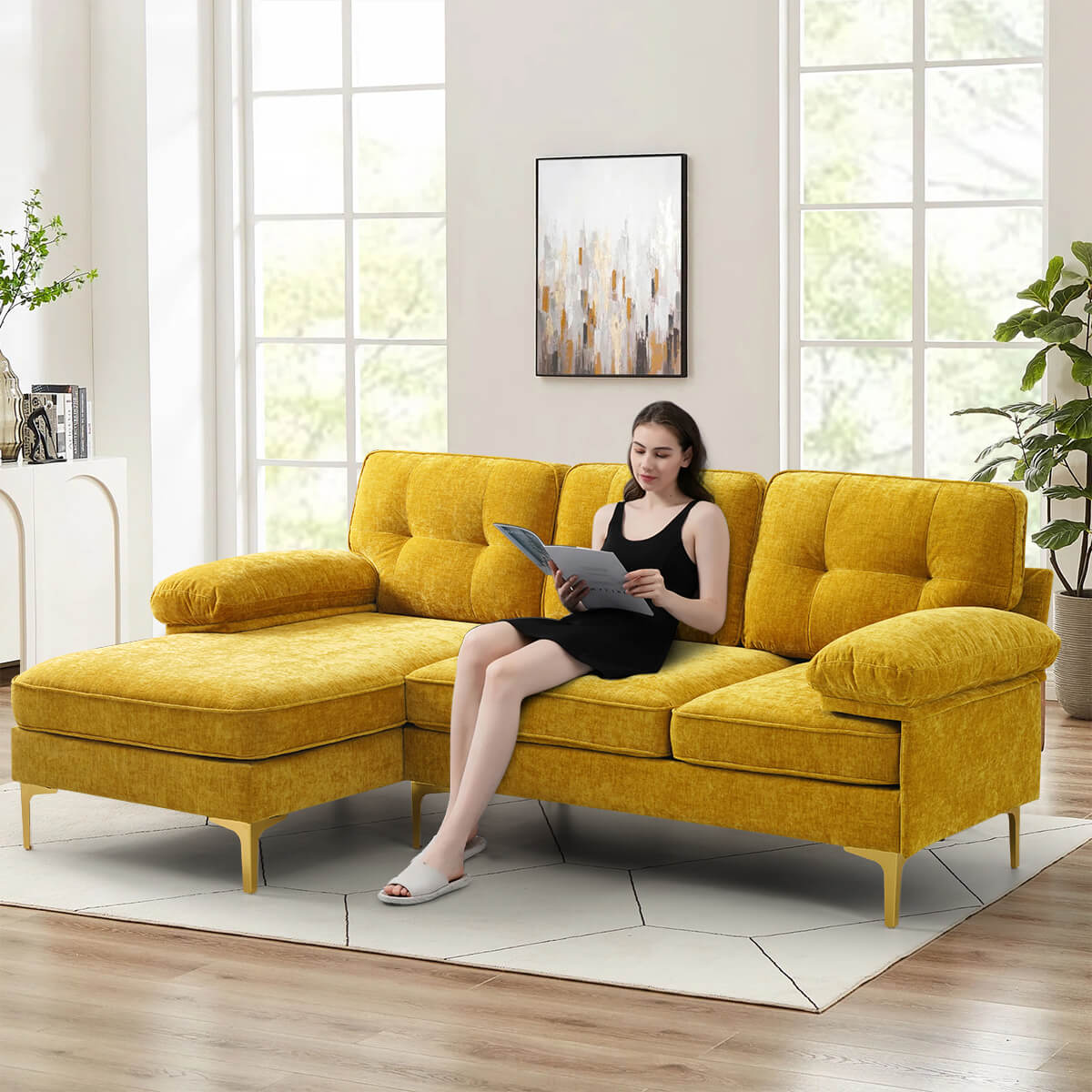 Convertible Sectional Sofa 83" L Shaped Couch with Reversible Chaise, Chenille Fabric
