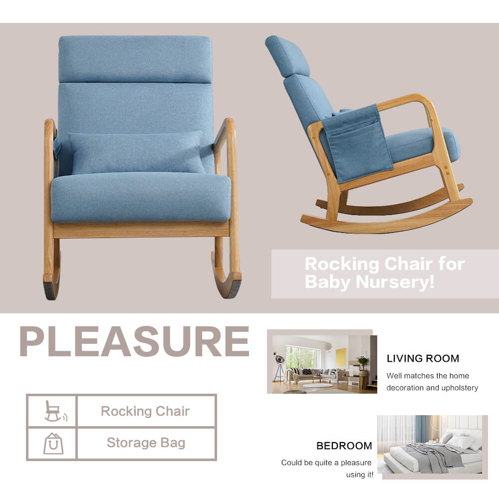 Solid Wood Rocking Chair with Thick Cushion, Glider, Adjustable Headrest and Lumbar Support
