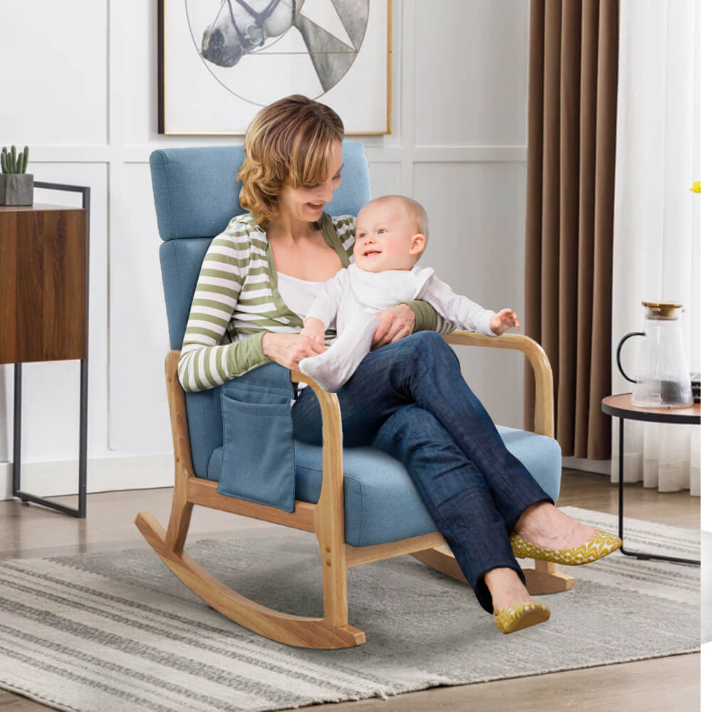 Solid Wood Rocking Chair with Thick Cushion, Glider, Adjustable Headrest and Lumbar Support
