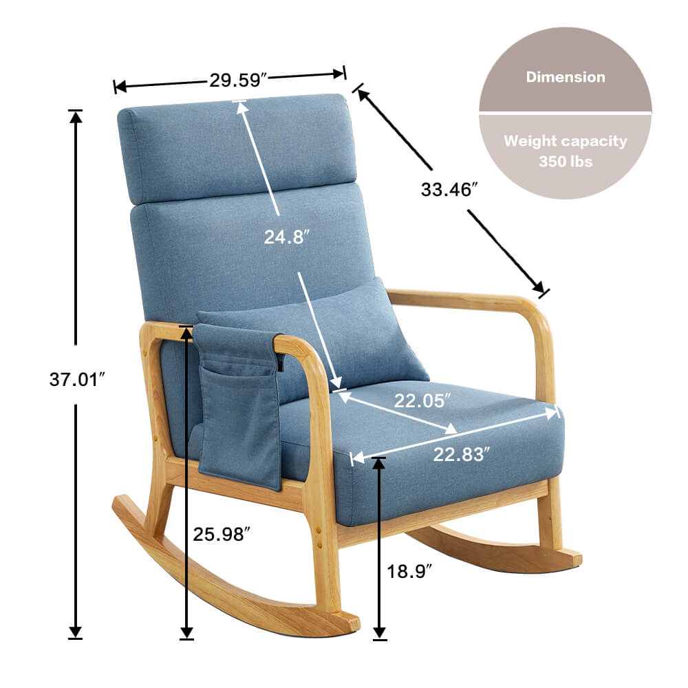 Solid Wood Rocking Chair with Thick Cushion, Glider, Adjustable Headrest and Lumbar Support