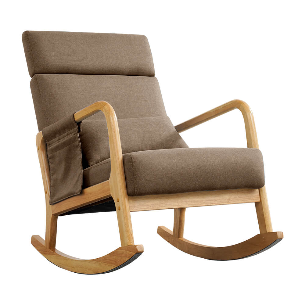 Solid Wood Rocking Chair with Thick Cushion, Glider, Adjustable Headrest and Lumbar Support