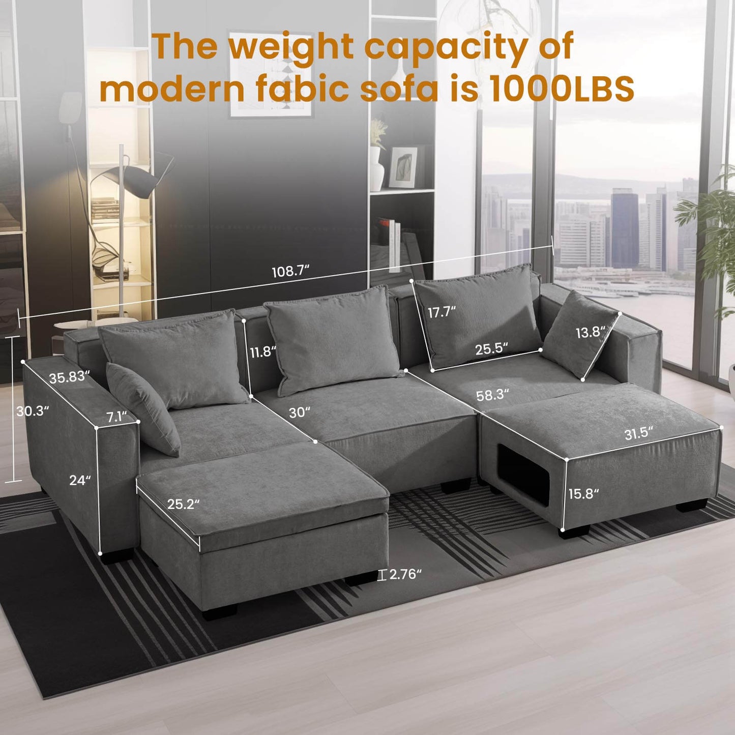 Sectional Sofa, Modern Chenille Fabric, U Shape Sectional 5 Seater Living Room Chaise, with Storage/Pet Sofa