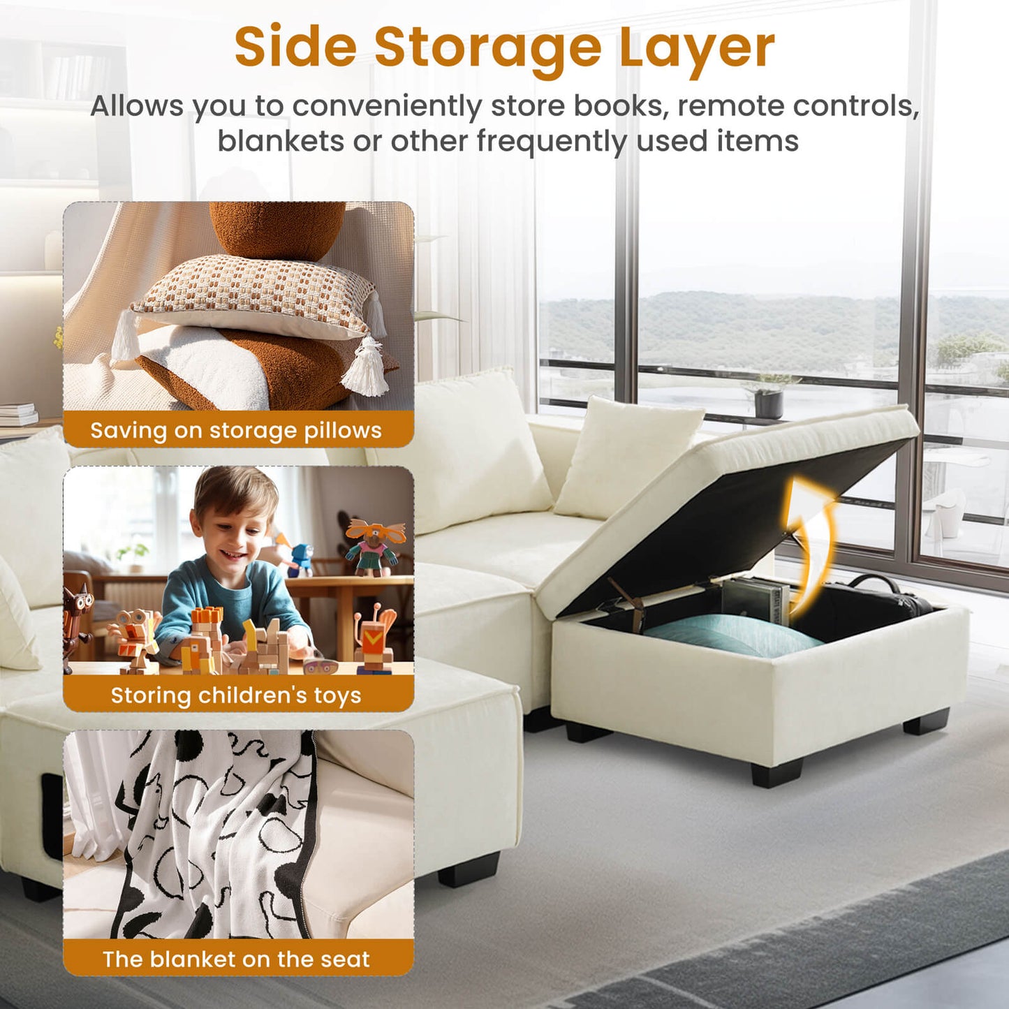 Sectional Sofa, Modern Chenille Fabric, U Shape Sectional 5 Seater Living Room Chaise, with Storage/Pet Sofa