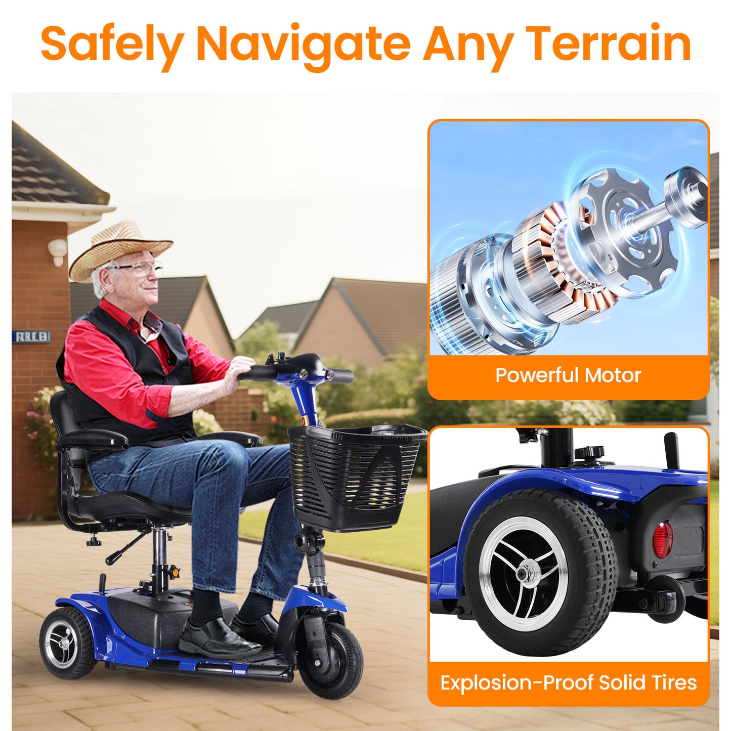 THLAND Mobility Scooter - Portable Folding Electric Mobility Scooter Ideal for Seniors, Adults, Handicapped, and Elderly Travelers. Comes with Battery, Charger, and Basket Included,blue