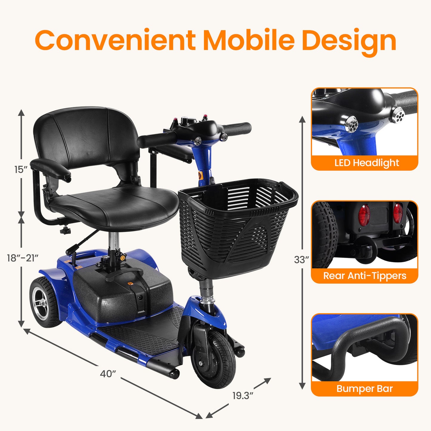 THLAND Mobility Scooter - Portable Folding Electric Mobility Scooter Ideal for Seniors, Adults, Handicapped, and Elderly Travelers. Comes with Battery, Charger, and Basket Included,blue
