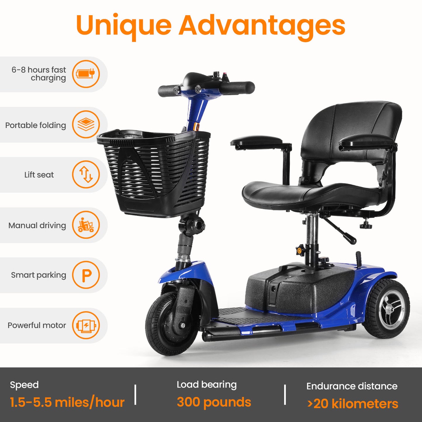 THLAND Mobility Scooter - Portable Folding Electric Mobility Scooter Ideal for Seniors, Adults, Handicapped, and Elderly Travelers. Comes with Battery, Charger, and Basket Included,blue