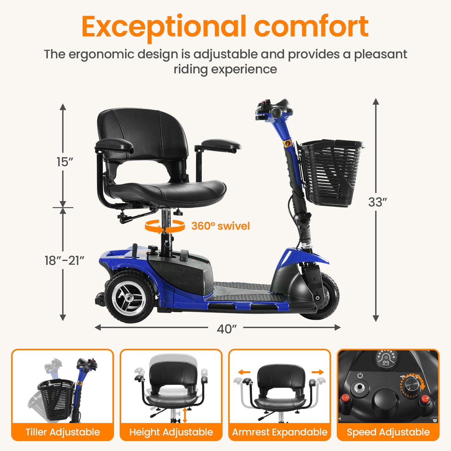 THLAND Mobility Scooter - Portable Folding Electric Mobility Scooter Ideal for Seniors, Adults, Handicapped, and Elderly Travelers. Comes with Battery, Charger, and Basket Included,blue