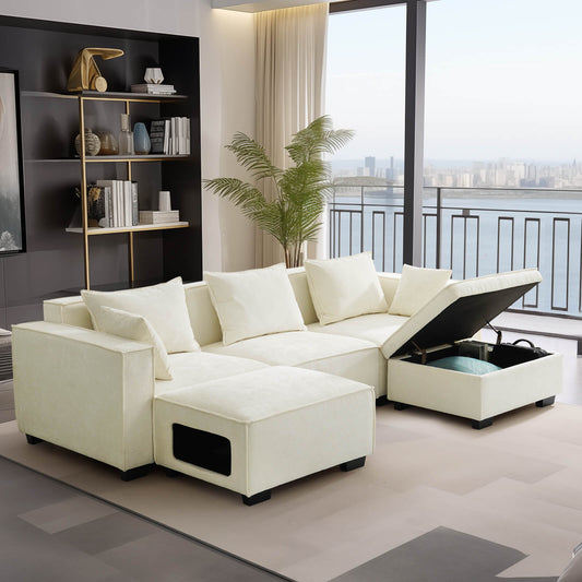 Sectional Sofa, Modern Chenille Fabric, U Shape Sectional 5 Seater Living Room Chaise, with Storage/Pet Sofa
